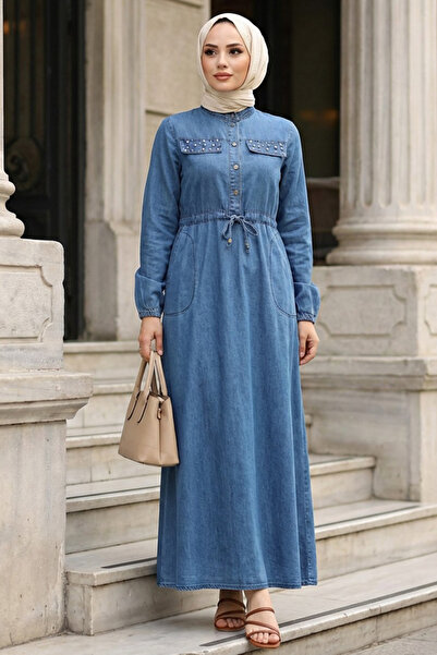 N.S NEVA STYLE Μπλε τζιν φόρεμα χιτζάμπ με λεπτομέρειες από χάντρες 7134M