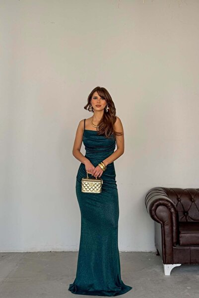 MyLoore Women's Emerald Green Sparkling Long Evening Dress |   Strappy Stylis...