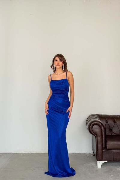 MyLoore Women's Cobalt Blue Sparkling Long Evening Dress |   Strappy Stylish ...