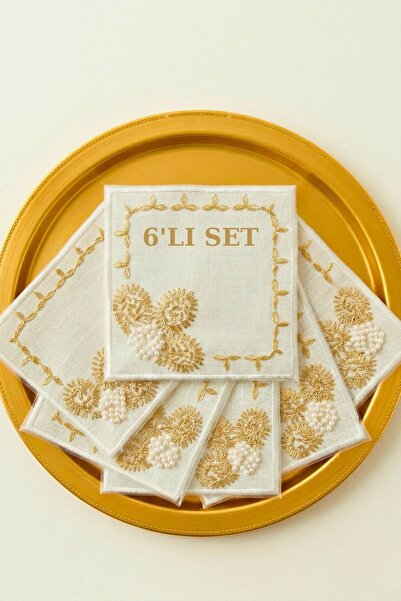 Aylia Home 6 Adet Boncuklu Sunumluk Peçete,Kokteyl Peçete,Kahve Yanı Sunum Pe...