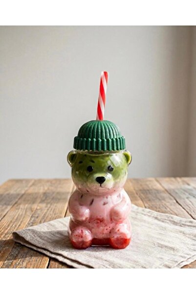 TD HOME كوب زجاجي على شكل دب من جوجي بير مع شفاطة وقبعة خضراء، كوب مشروبات خف...