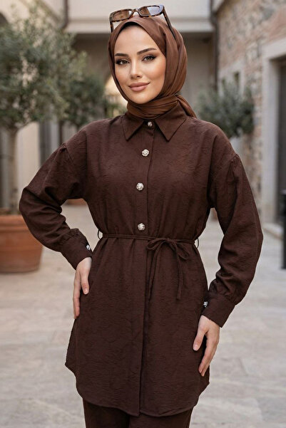 N.S NEVA STYLE Jacquard Brown Hijab Tunic 5335Kh