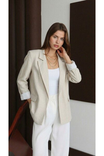 BKcollectioonn Çizgili Astarlı Ham Keten Blazer Ceket