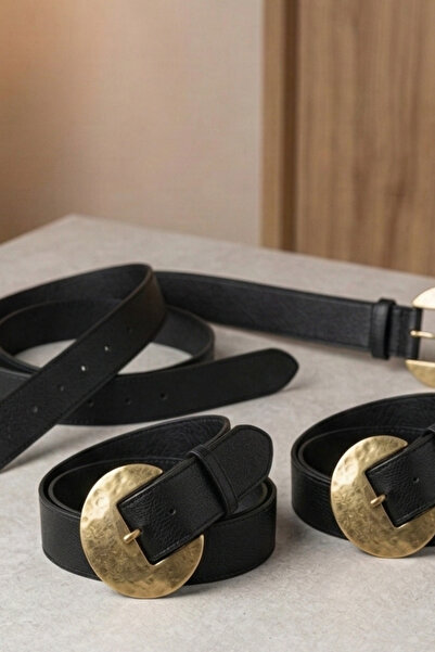 Dilay Gökoğlu Butik Δερμάτινη αντίκα μαύρη ζώνη με χρυσή πόρπη