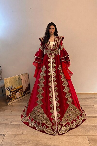 ZK ZÜMRÜT KAFTAN Kırmızı Renk Gold İşlemeli Bindallı Kaftan Takımı