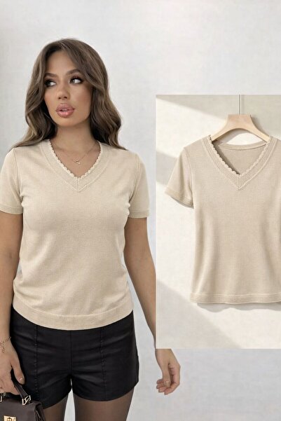 peri tower Women's V-Neck Mercerized Fine Knit Blouse Short Sleeve Summer 0078