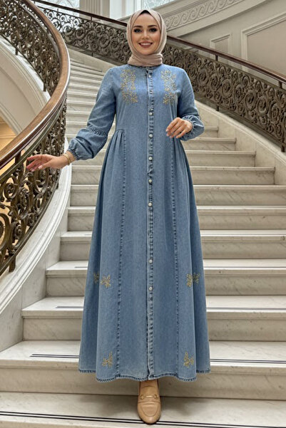 N.S NEVA STYLE Μπλε τζιν φόρεμα χιτζάμπ με κουμπιά 19178M