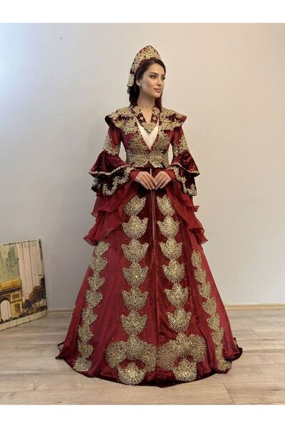 ZK ZÜMRÜT KAFTAN Bordo Renk İşlemeli Bindallı Kaftan Takımı