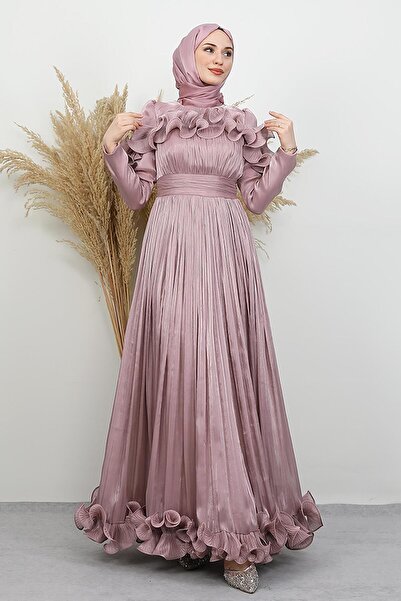 GİYZAMİLA Kabartma Detay Yoryo Abiye Açık Gül Kurusu