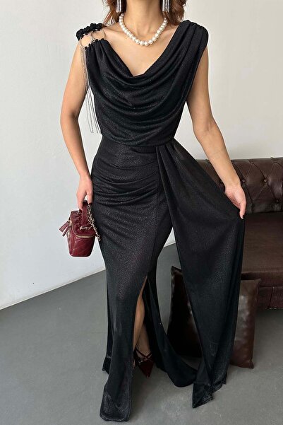 MyLoore Дамска черна дълга вечерна рокля с детайли на раменете | Елегантна ро...