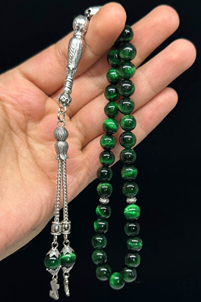 Fabula Silver Yeşil Renk Kaplan Gözü Doğal Taş Tesbih Kişiye Özel Harfli