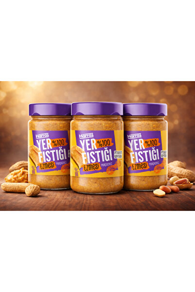 Harras %100 Yer Fıstığı Ezmesi Parçacıklı 350 g x 3 Adet – İlave Şekersiz, Ka...