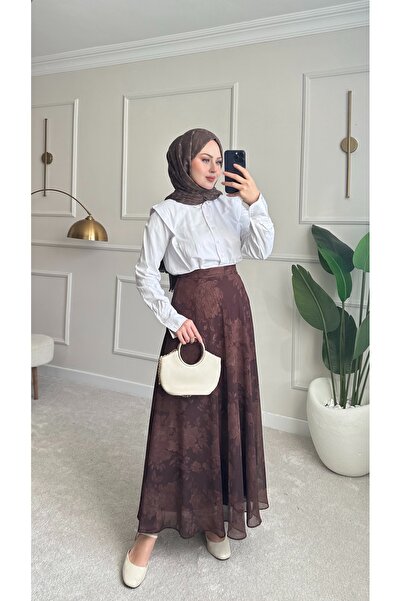 ensade Retro Desen Astarlı Şifon Kahverengi Modest Etek