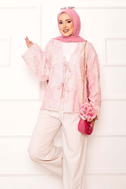 MODA Püskül Detaylı Çizgili Kimono Ceket