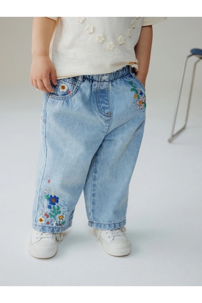 Next Baby %100 Pamuk Orta Mavi Çiçek İşlemeli Kot Pantolon