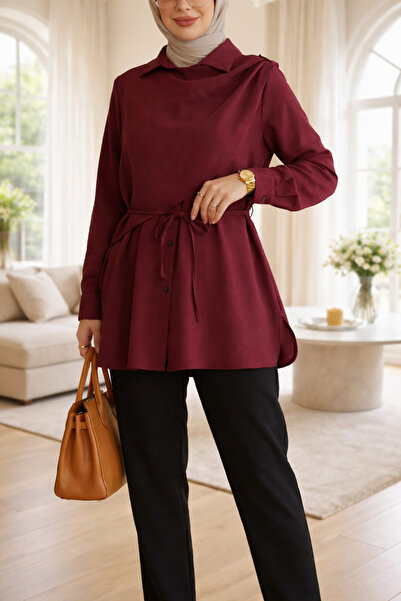 bellura Önü Çift Detaylı Bağcıklı Düğmeli Modal Gömlek