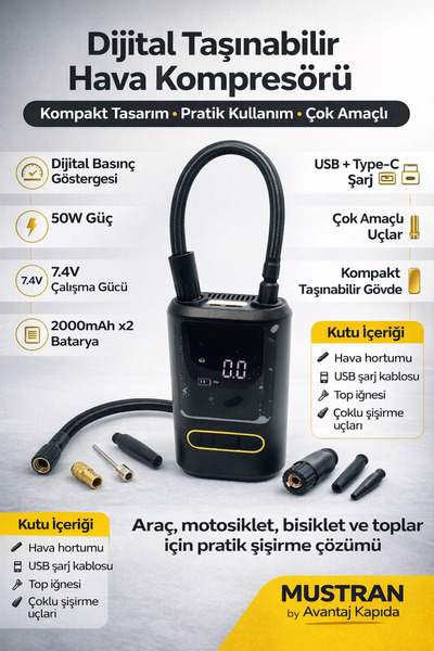 Mustran Taşınabilir Dijital Lastik Şişirme Pompası Mini Hava Kompresörü Araç ...