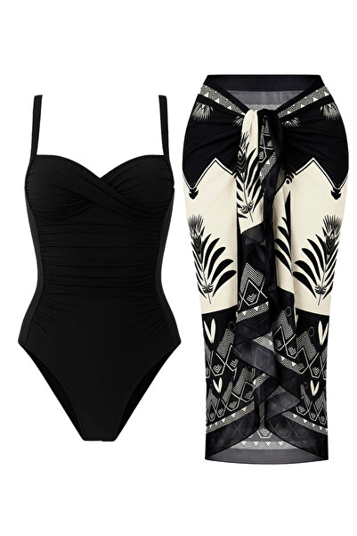 CUPSEA Women's Shaping / Sculpting Draped Black Swimsuit Geometric Patterned ...