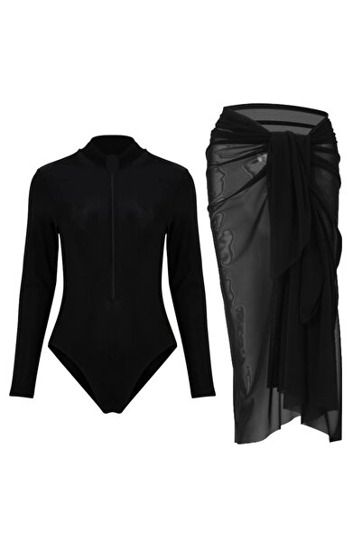 CUPSEA طقم سباحة أسود طويل الأكمام بسحّاب قماش قابل للتمدد قطعة، أسود سادة مع...