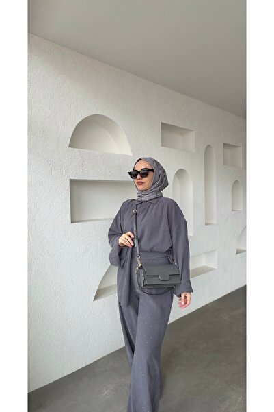 TOUCHE PRİVE مرصّع بالأحجار قميص وبنطلون قماش مودال طقم