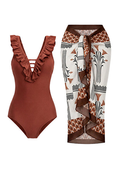 CUPSEA Slimming Effect Ruffled Front Coffee Swimsuit Authentic Casablanca Par...