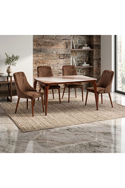 TrentonGCC طقم طاولة طعام رخامية مع 4 كراسي جلد ، لون بني قهوة