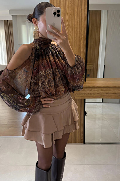 manana fashion Şal Pattern detaliu pe umăr Bluză din şifon