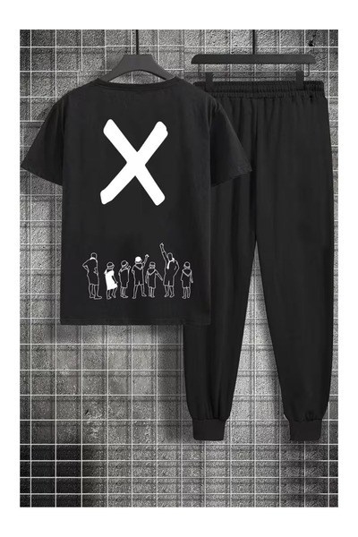 Massgai Unisex Design X Printed Top and Bottom Set T-Shirt Tracksuit Set