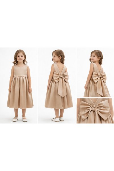 THEQUEST Girl's Beige Satin Big Bow Evening Gown - Backless Special Occasion Birthday Dress