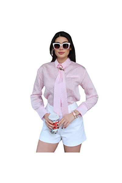 KECHİ WOMAN Çizgili Kravat Aksesuarlı Saten Kadın Gömlek