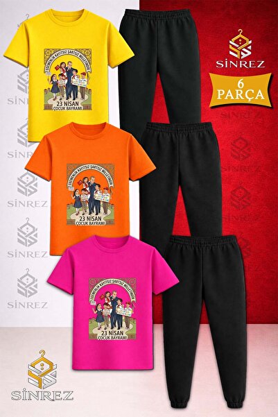 SİNREZ Children's Ata Children's Cerceve 23 April Printed 3-Piece T-Shirt and...