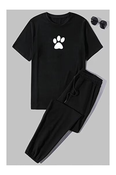 Massgai Unisex Design Cat Paw Printed Top and Bottom Set T-Shirt Tracksuit Set
