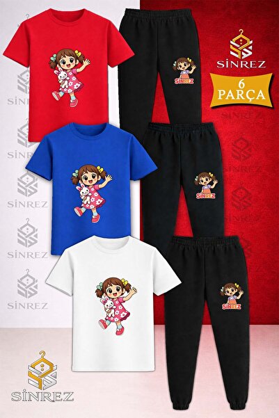 SİNREZ Çocuk KIZ OYUNCAK KOLDA Baskılı 3Lü Tişort Eşofman Takımı