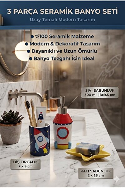 The Mia Rocket Seramik Banyo Seti 3 Parça – Sıvı Sabunluk (300 ml) Diş Fırçal...
