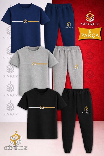 SİNREZ Çocuk LOGO YAN TEK CIZGI Baskılı 3Lü Tişort Eşofman Takımı