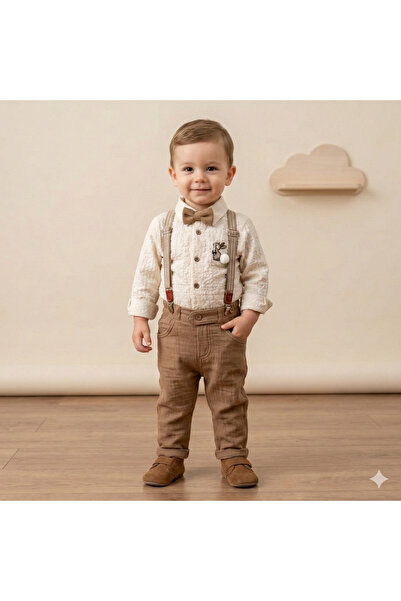COCOSISS Müslin Ponpon Tavşanlı 2'li Erkek Bebek Takım Papyon ve Pantolon Askılı