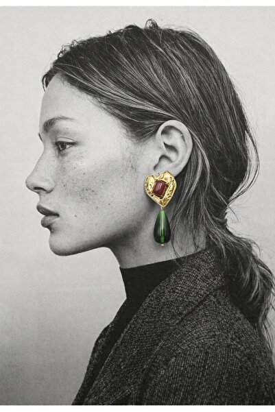 Mope Accessories Vintage Kalp Formlu Doğal Taşlı Küpe