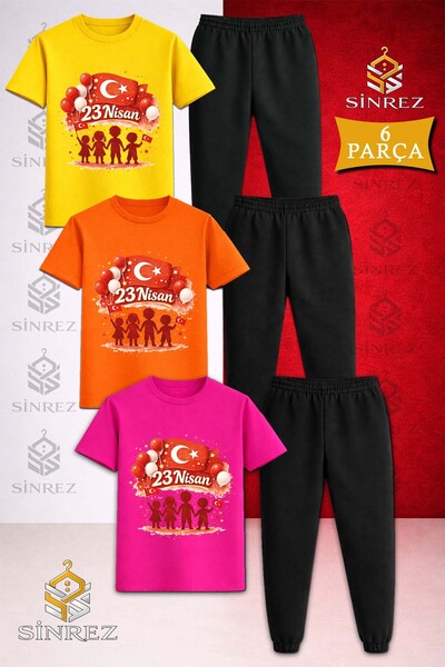 SİNREZ Children's Children's Golge El Ele 23 April Printed 3-Piece T-Shirt an...