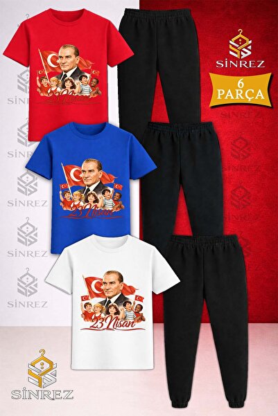 SİNREZ Children's Ata and Multiple Children 23 April Printed 3-Piece T-Shirt ...