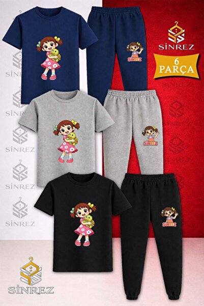 SİNREZ Children's Girls Turtle on Sleeves Printed 3-Piece T-Shirt Tracksuit Set