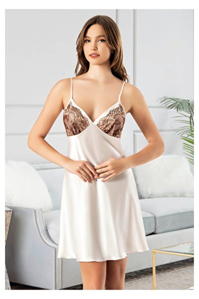 Viselya Göğüs Floral Print Spaghetti Strap Short Satin Nightgown