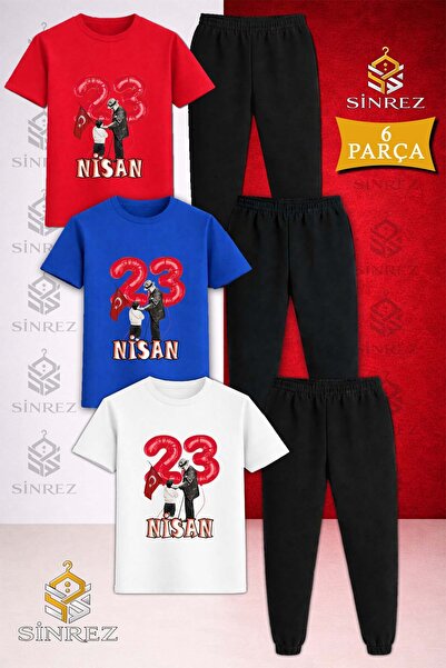 SİNREZ Children's Ata Cocuk 23 April Printed 3-Piece T-Shirt and Sweatpants Set