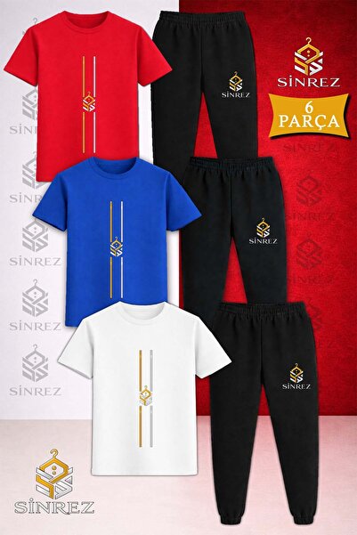 SİNREZ Çocuk LOGO DIK IKI CIZGI Baskılı 3Lü Tişort Eşofman Takımı