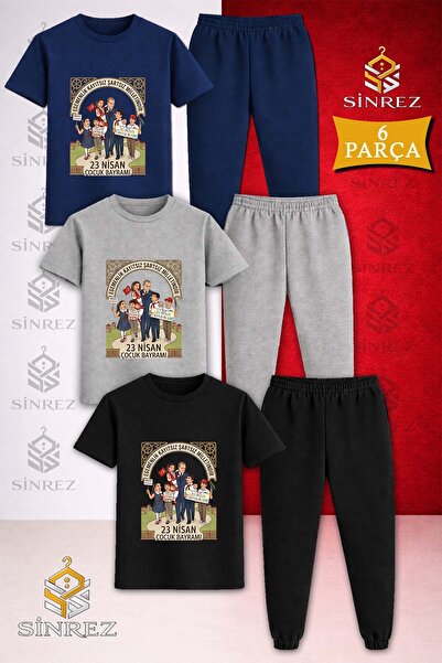 SİNREZ Children's Ata Children's Cerceve 23 April Printed 3-Piece T-Shirt and...
