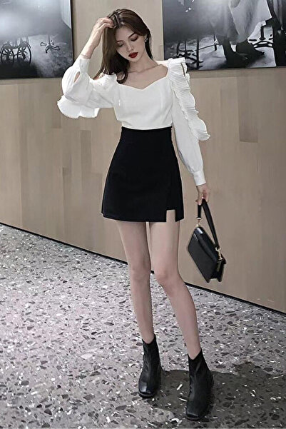 Rora Women's Slit Mini Skirt with Shorts High Waist Stylish Office & Casual C...