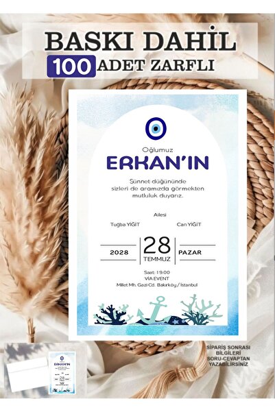 Hsn 100 adet Baskı ve Zarf Dahil Sünnet Davetiyesi Baskılı Zarflı Davetiye Nazar