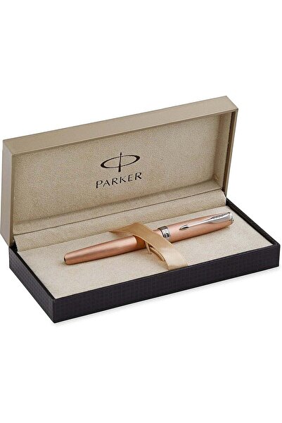 Parker قلم حبر جاف سونيت روز جولد بحواف كرومية، حبر أسود رفيع، علبة هدايا