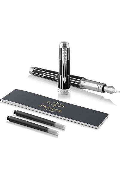 Parker قلم حبر فاخر من بريميير بريميوم، مزين باللونين الأسود والفضي-6895