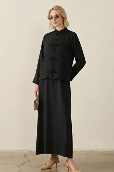 Hilay Sakura Çin Düğmeli Lyocell İçlik Elbiseli Takım SİYAH