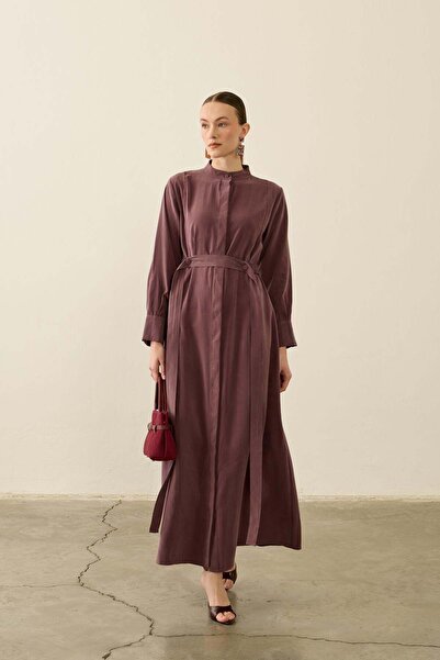 Hilay Sevi Hakim Yaka Kemeri Lastikli Modal Elbise MÜRDÜM